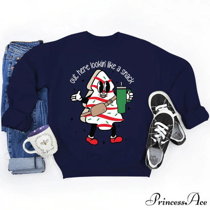 Snack Print Round Neck Christmas Hoodie - Casual Long Sleeve DEEP BLUE / S Christmas Hoodies-L