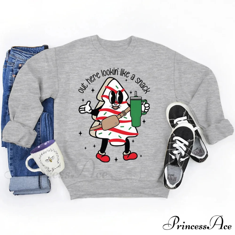 Snack Print Round Neck Christmas Hoodie - Casual Long Sleeve GRAY / S Christmas Hoodies-L