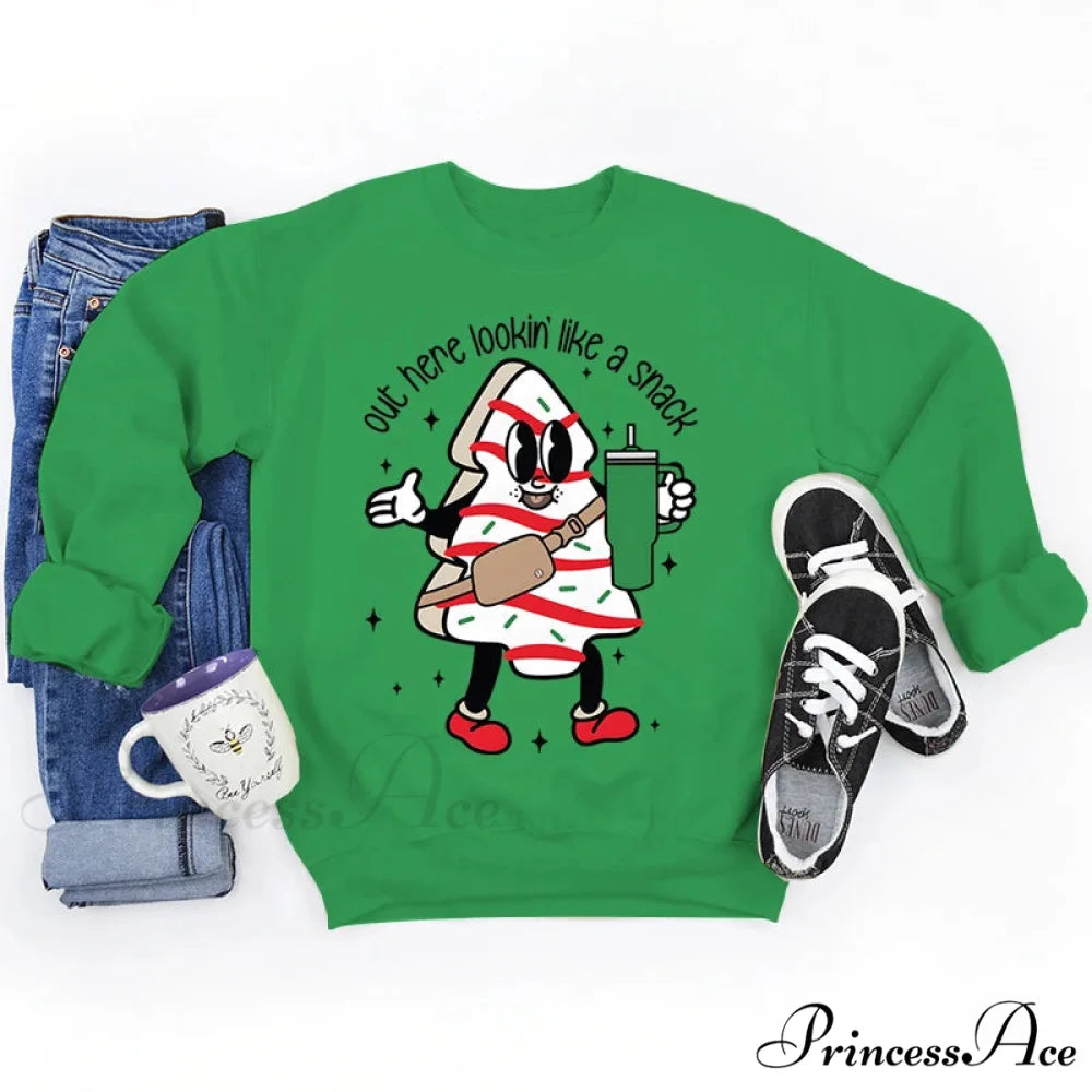 Snack Print Round Neck Christmas Hoodie - Casual Long Sleeve Green / S Christmas Hoodies-L