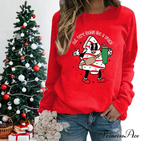 Snack Print Round Neck Christmas Hoodie - Casual Long Sleeve Christmas Hoodies-L