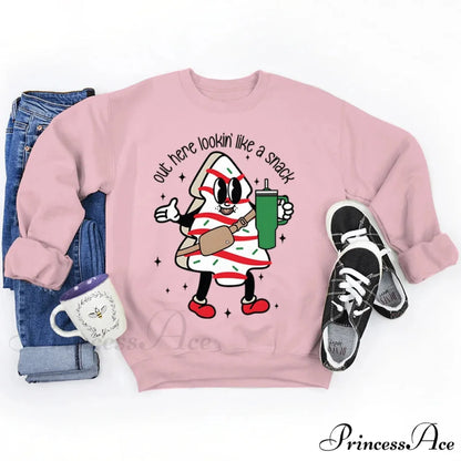 Snack Print Round Neck Christmas Hoodie - Casual Long Sleeve Pink / S Christmas Hoodies-L