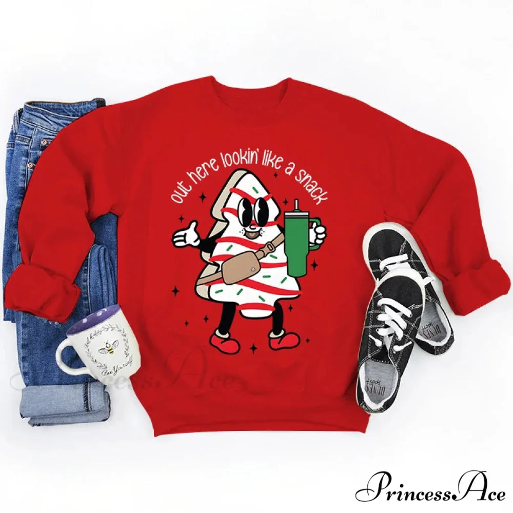 Snack Print Round Neck Christmas Hoodie - Casual Long Sleeve Red / S Christmas Hoodies-L