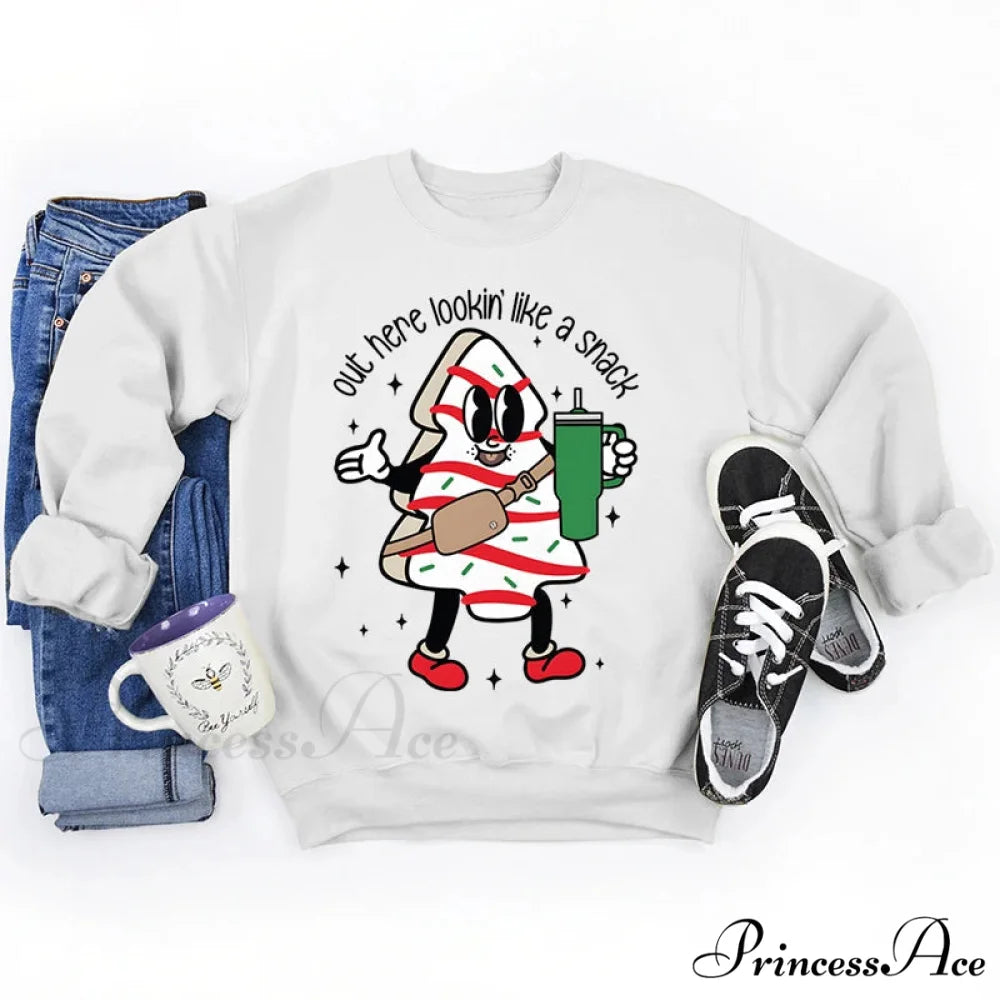 Snack Print Round Neck Christmas Hoodie - Casual Long Sleeve WHITE / S Christmas Hoodies-L