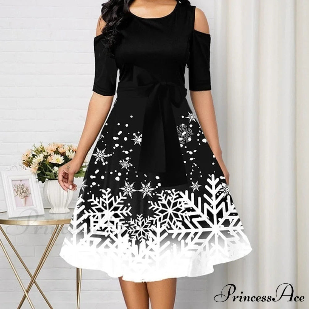 Snowflake Print Cold Shoulder Christmas Dress