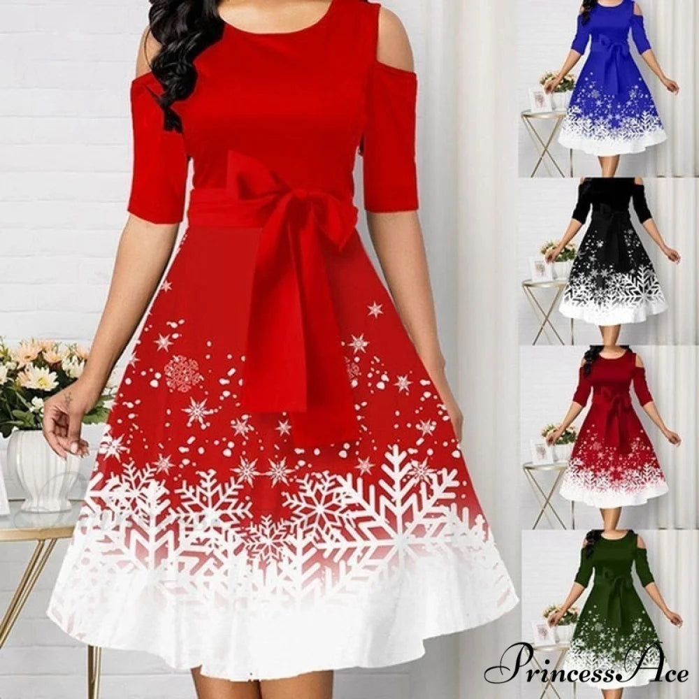 Snowflake Print Cold Shoulder Christmas Dress