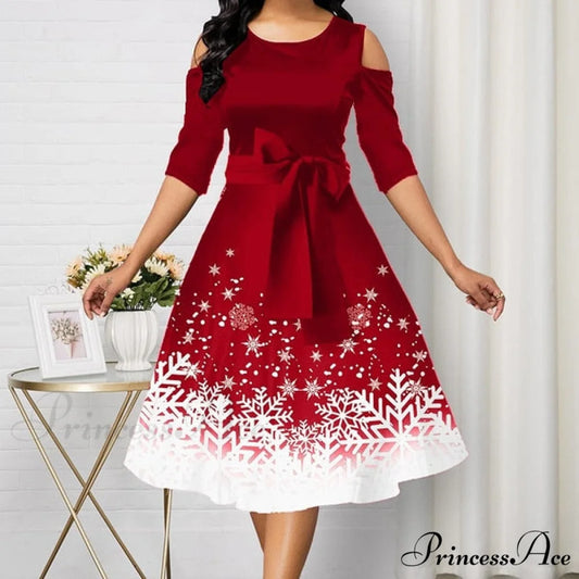 Snowflake Print Cold Shoulder Christmas Dress JH / XXL