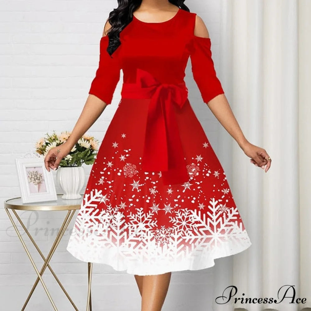 Snowflake Print Cold Shoulder Christmas Dress RD / XXL