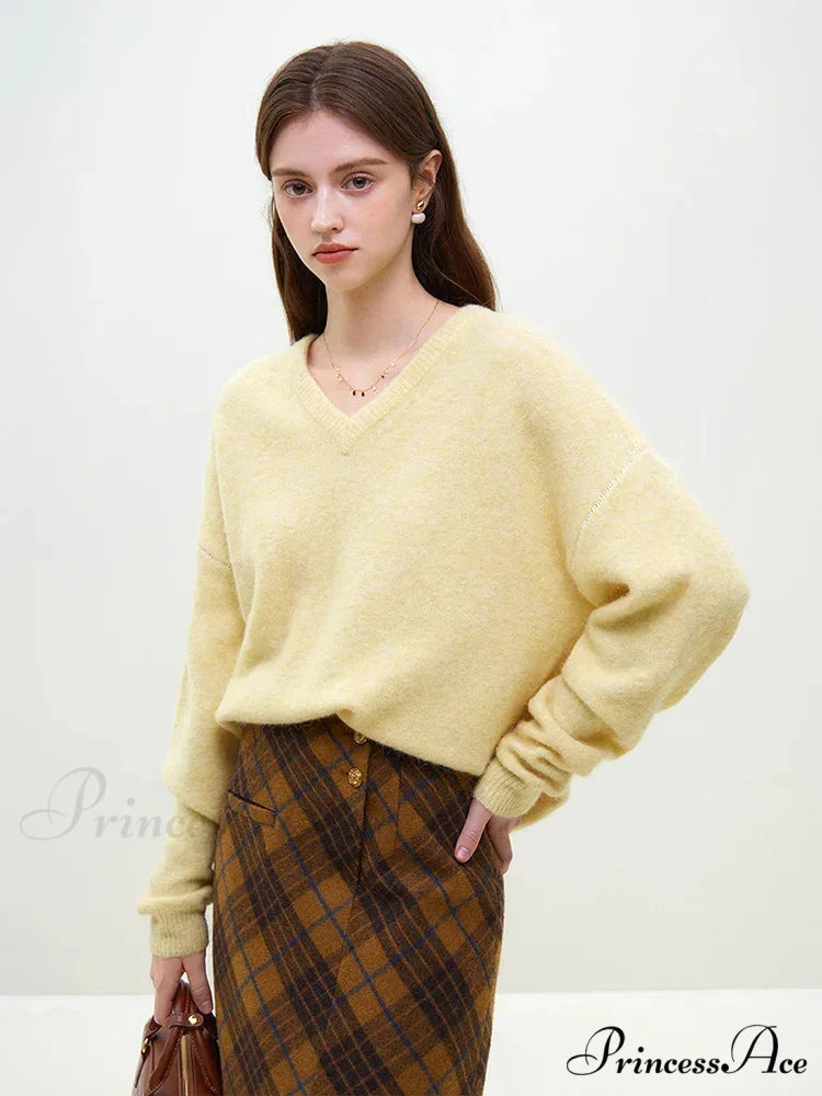 Soft Alpaca V-Neck Loose Sleeve Jumper Yellow / S swraters-241228