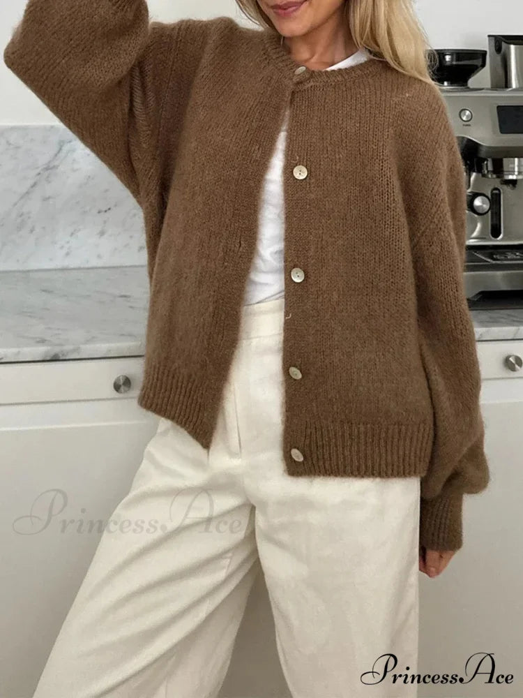 Soft Button-Up Long Sleeve Knit Cardigan brown / S cardigans-241228