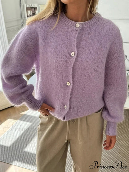 Soft Button-Up Long Sleeve Knit Cardigan purple / S cardigans-241228