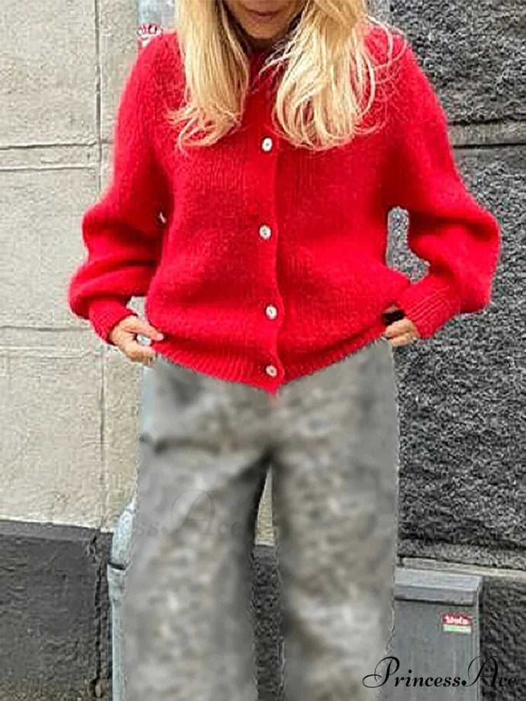 Soft Button-Up Long Sleeve Knit Cardigan red / S cardigans-241228