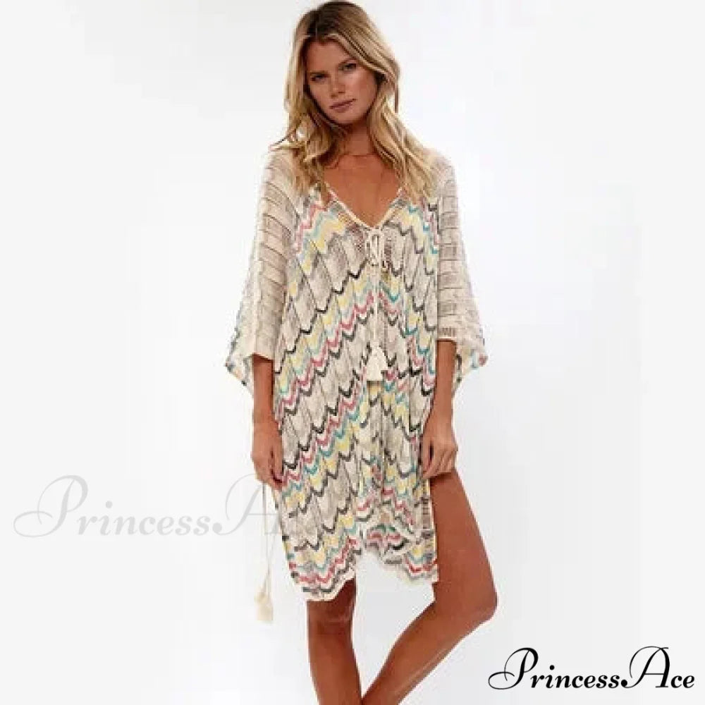 Soft Crochet Tunic Plunging Neckline Bohemian Seaside Cover up Beige / One Size bohocoverup-250126