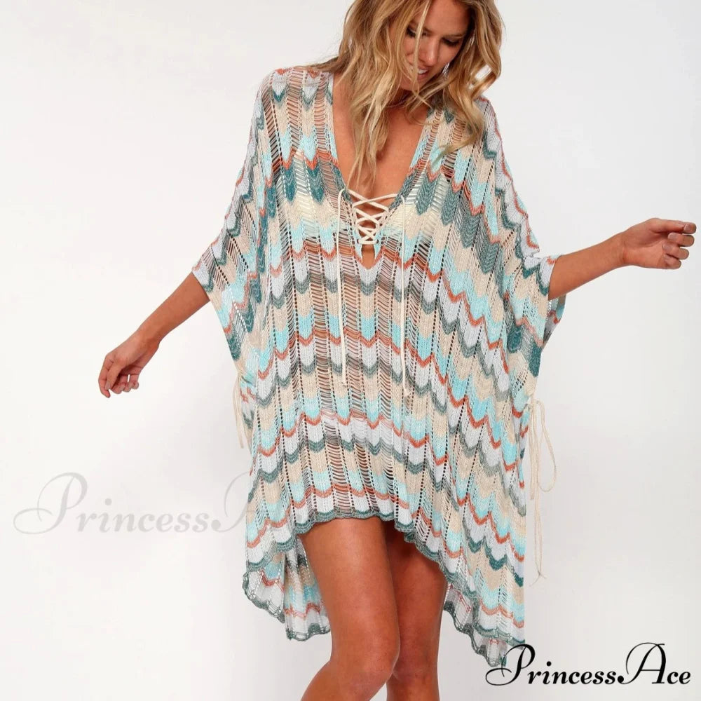 Soft Crochet Tunic Plunging Neckline Bohemian Seaside Cover up MULTI / One Size bohocoverup-250126