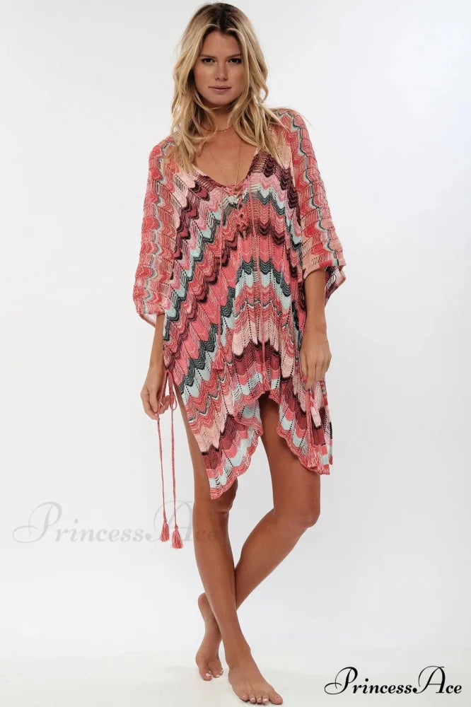 Soft Crochet Tunic Plunging Neckline Bohemian Seaside Cover up Pink / One Size bohocoverup-250126