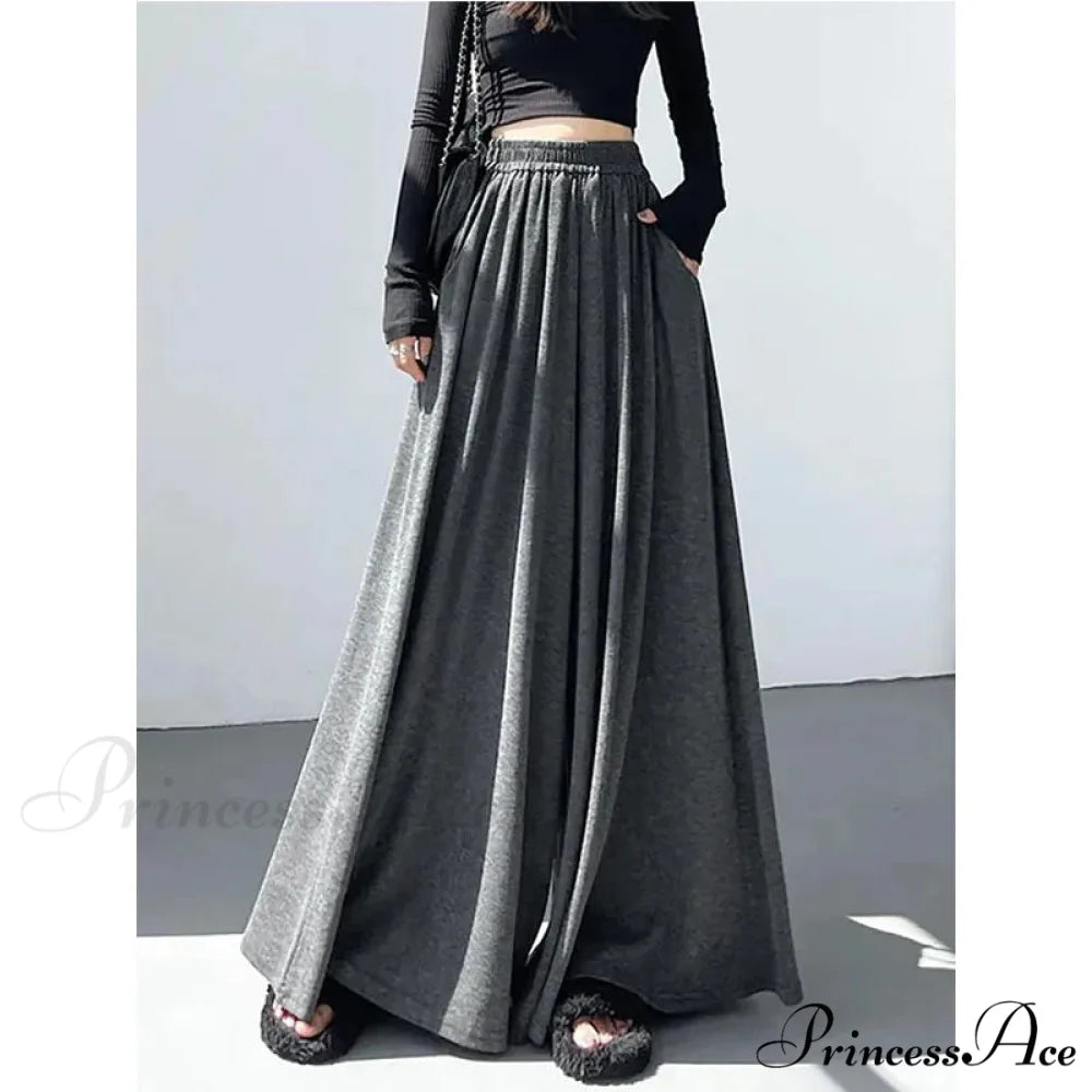Soft Elevated Waist Informal Wide Leg Trousers Dark Grey / M pants-241228