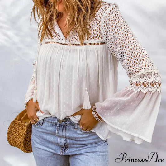Soft Embroidery Fringe Patchwork Chiffon Bohemian Top Ivory / S bohoblouse-250126