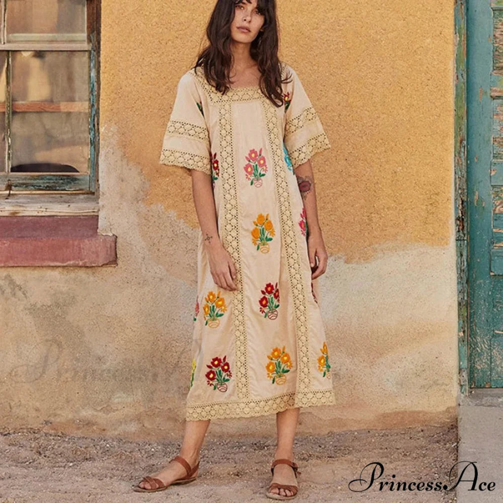 Soft Floral Stitched Bohemian Dress Khaki / S bohodress-250126