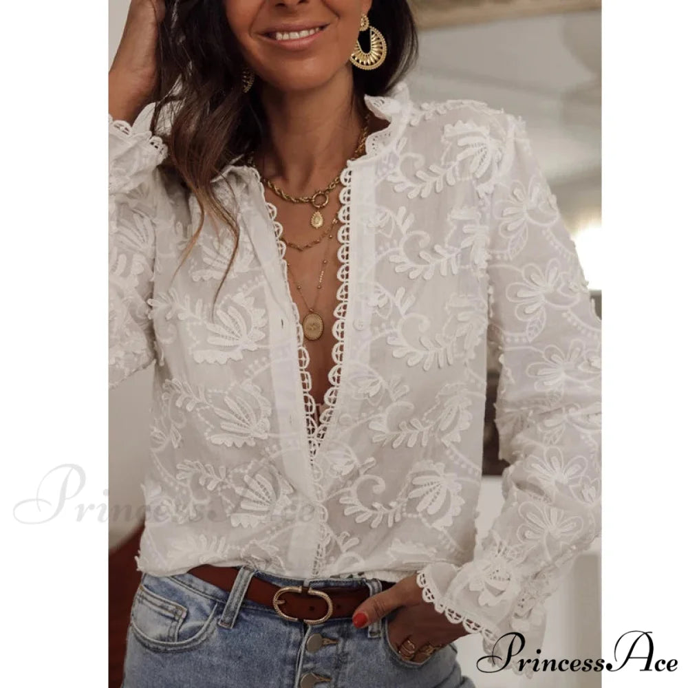 Soft Floral Stitching V-Neck Bohemian Top WHITE / S bohoblouse-250126