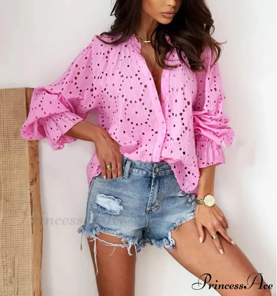 Soft Floral Stitching V-Neck Long Sleeve Boho Top Pink / S bohoblouse-250126