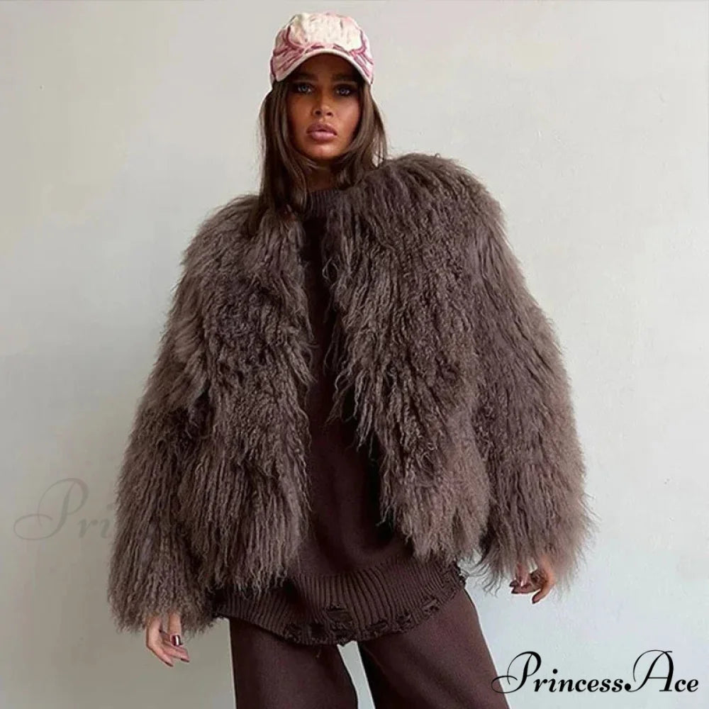 Soft Fringe Large Sleeve Jacket Brown / S coats-241228