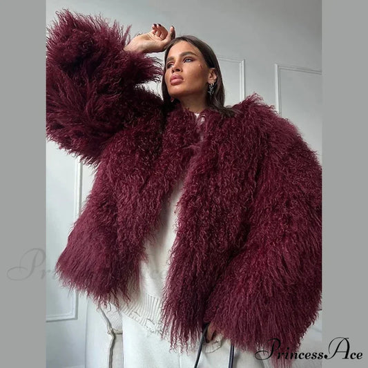 Soft Fringe Large Sleeve Jacket Burgundy Red / S coats-241228