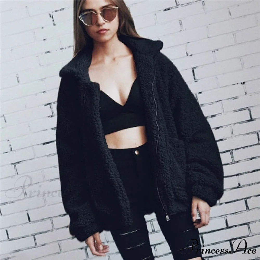 Soft Fur Plush Pocket Plus Size Teddy Coat Black / S