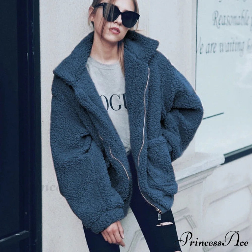 Soft Fur Plush Pocket Plus Size Teddy Coat Blue / S