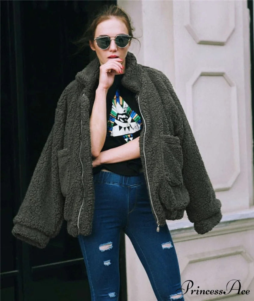 Soft Fur Plush Pocket Plus Size Teddy Coat Green / S