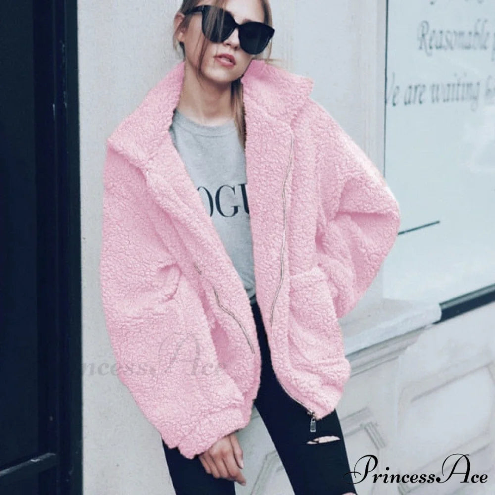 Soft Fur Plush Pocket Plus Size Teddy Coat Pink / S