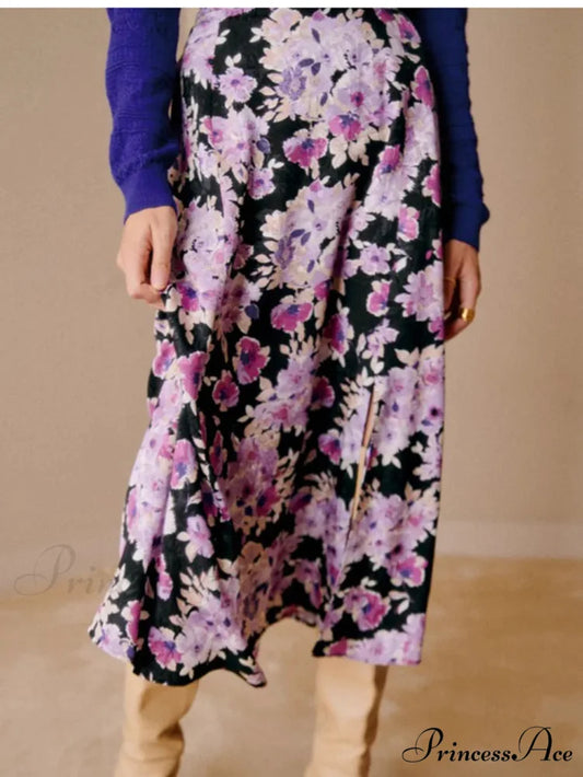 Soft Lavender Floral Midi Skirt Winter Woman Split Hem High Waist skirt / S skirt-250126