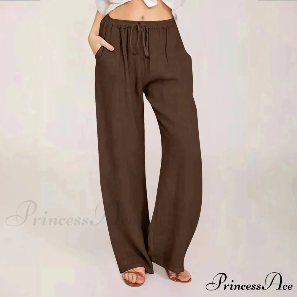 Soft Linen Broad Leg Drawstring Trousers Coffee / S pants-241228