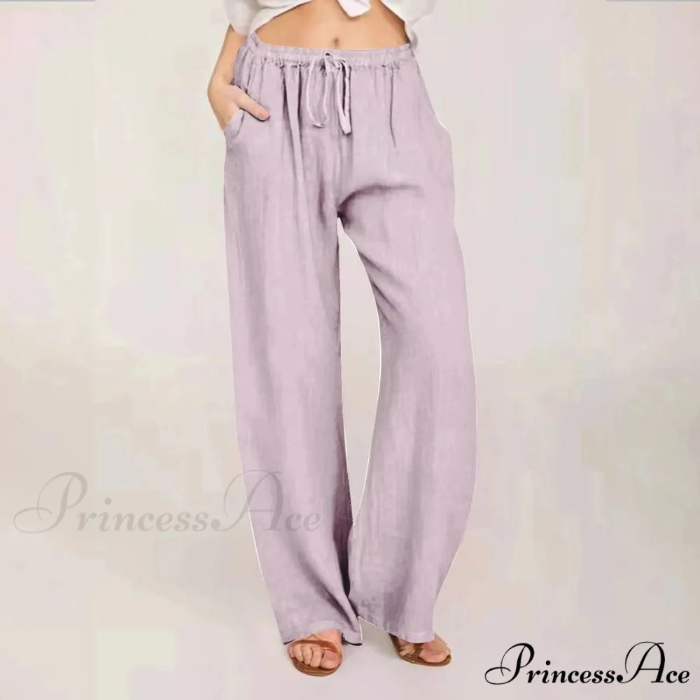 Soft Linen Broad Leg Drawstring Trousers Purple / S pants-241228