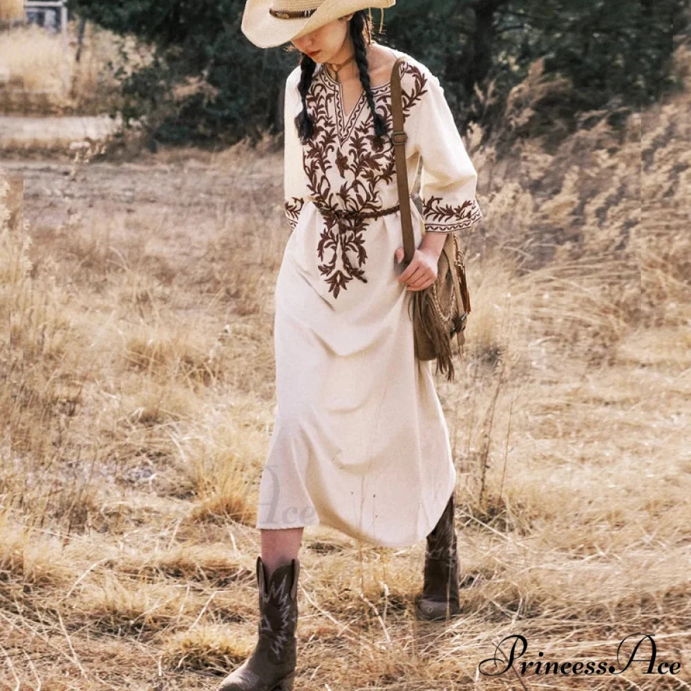 Soft Linen Flowery Bohemian Dress Beige / M bohodress-250126