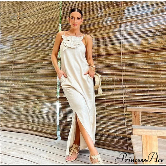 Soft Linen Separated 3D Blossom Plain Sling Maxi Dress Beige / S floraldress-250126