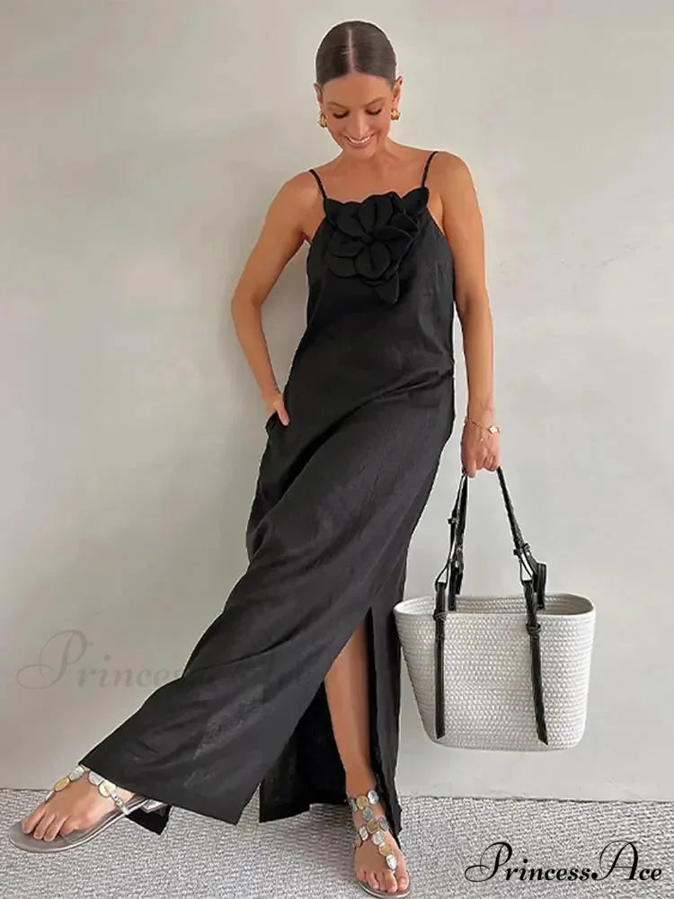 Soft Linen Separated 3D Blossom Plain Sling Maxi Dress Black / S floraldress-250126