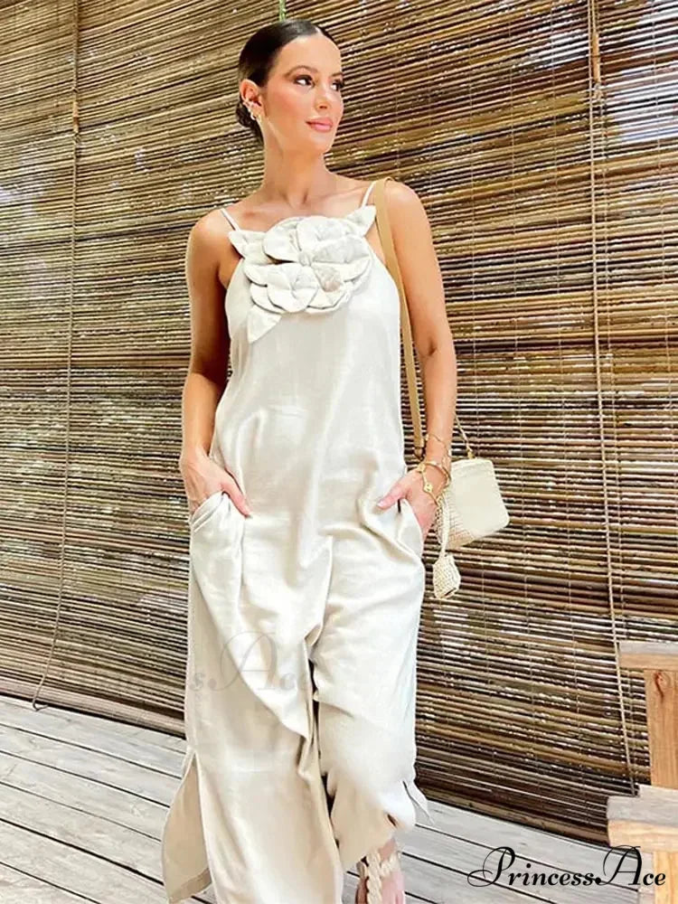 Soft Linen Separated 3D Blossom Plain Sling Maxi Dress floraldress-250126