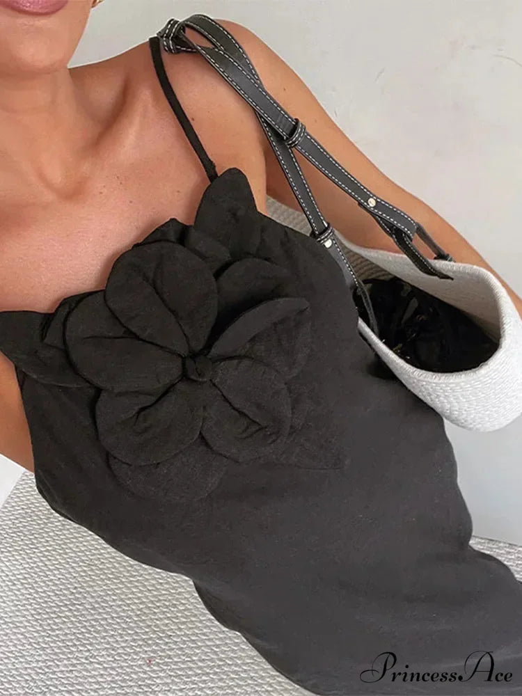 Soft Linen Separated 3D Blossom Plain Sling Maxi Dress floraldress-250126