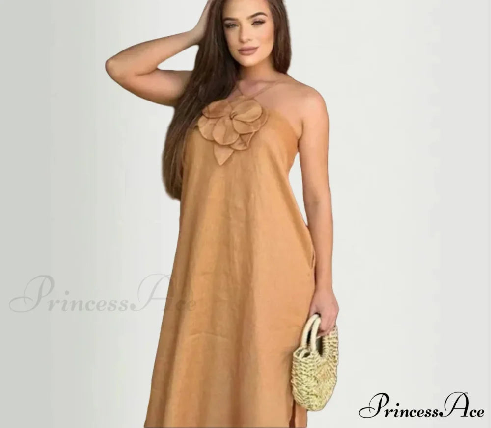 Soft Linen Separated 3D Blossom Plain Sling Maxi Dress Khaki / S floraldress-250126