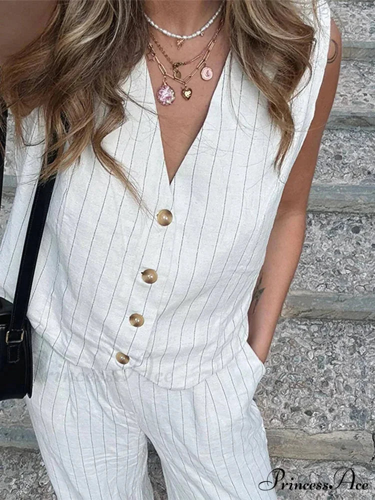 Soft Linen Striped Wide Leg Professional Two Piece Set officetwopieceset-250223