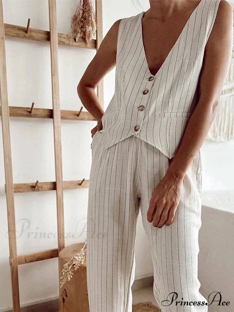 Soft Linen Striped Wide Leg Professional Two Piece Set officetwopieceset-250223