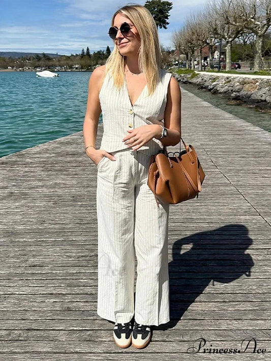 Soft Linen Striped Wide Leg Professional Two Piece Set officetwopieceset-250223