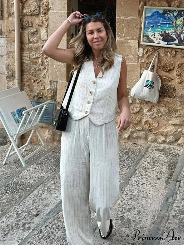 Soft Linen Striped Wide Leg Professional Two Piece Set white tops / S officetwopieceset-250223