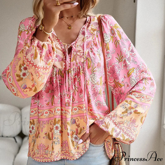 Soft Rayon Floral Printed Extended Sleeve Seaside Boho Top bohoblouse-250126