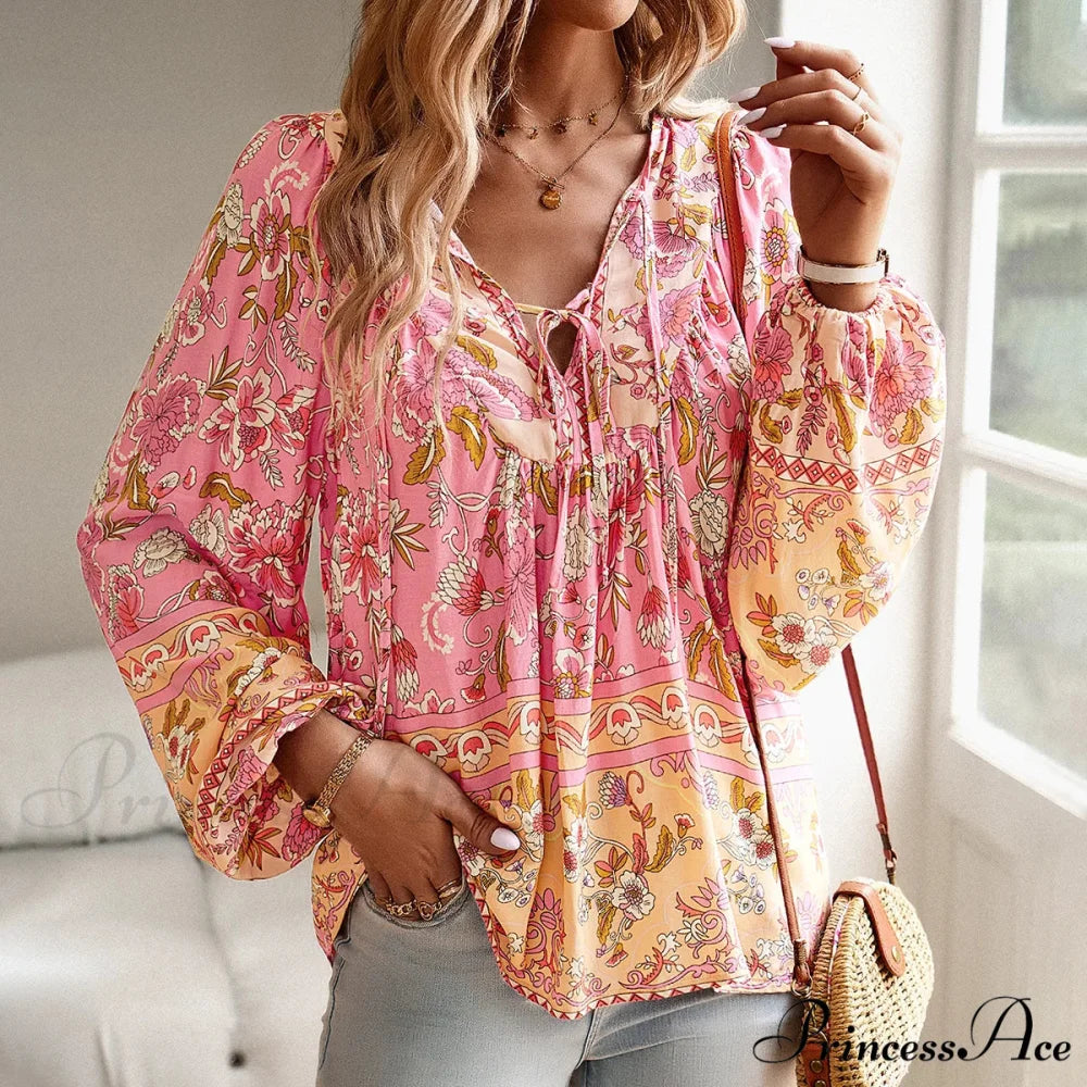 Soft Rayon Floral Printed Extended Sleeve Seaside Boho Top Pink / S bohoblouse-250126