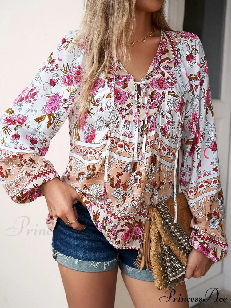 Soft Rayon Floral Printed Extended Sleeve Seaside Boho Top White / S bohoblouse-250126