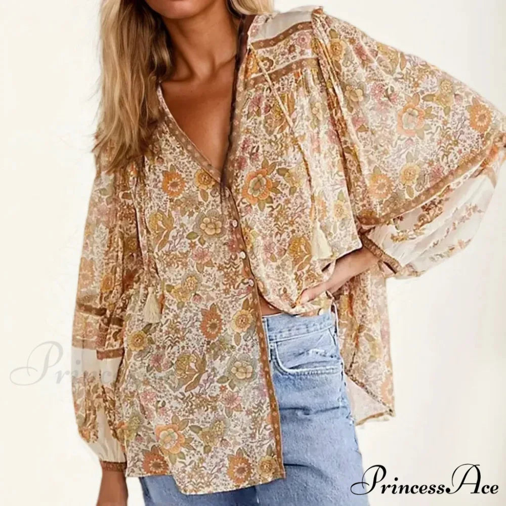 Soft Rayon Flower Patterned Long Sleeve V-Neck Bohemian Top Beige / S bohoblouse-250126