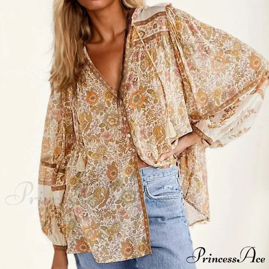 Soft Rayon Flower Patterned Long Sleeve V-Neck Bohemian Top Beige / S bohoblouse-250126