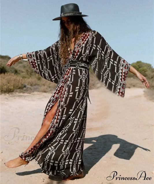 Soft Rayon Kimono Robe Swimsuit Cover-up Dark Brown / One Size bohodress-250126