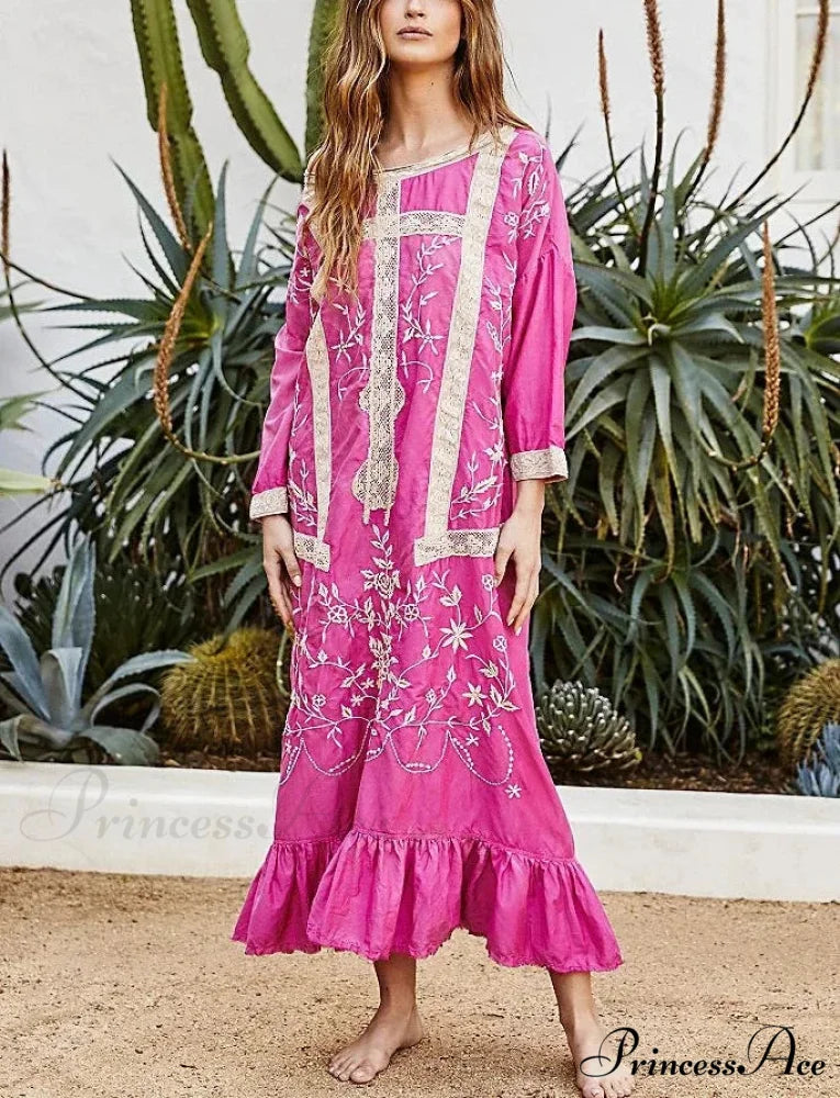 Soft Rayon Long Sleeve Bohemian Dress Rose red / S bohodress-250126