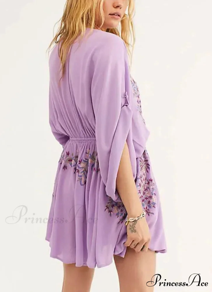 Soft Rayon Violet Floral Stitching Bohemian Dress bohodress-250126